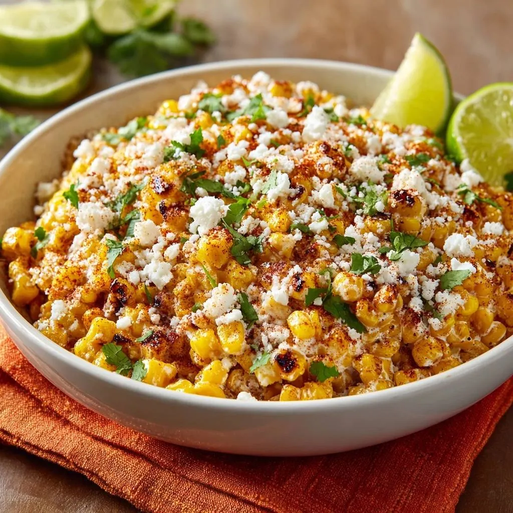 Street corn salad dry-roasted with crumbled cheese and cilantro topping in a white bowl.