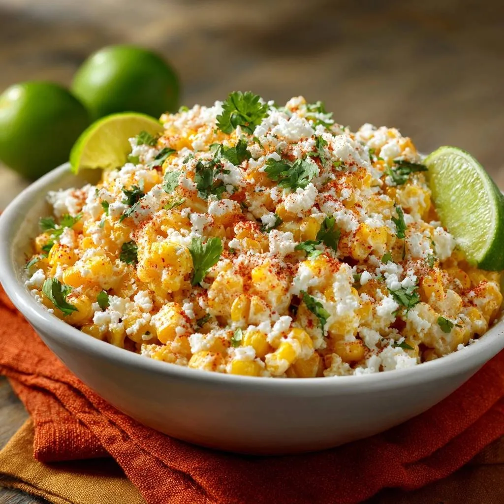 Street corn salad in a white bowl, generously garnished with crumbled cheese and cilantro, with lime wedges.