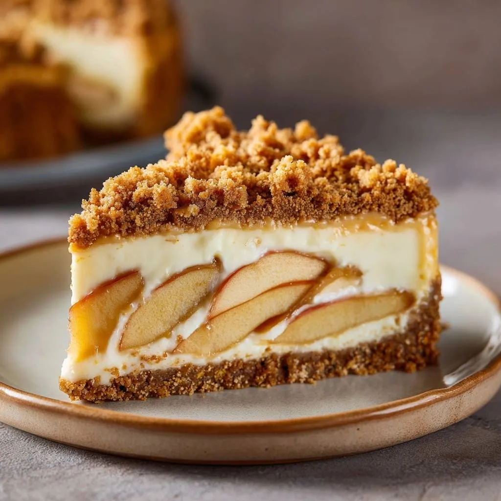 Streusel pear cheesecake served as a plated slice, showcasing its layered interior with apples and caramel.