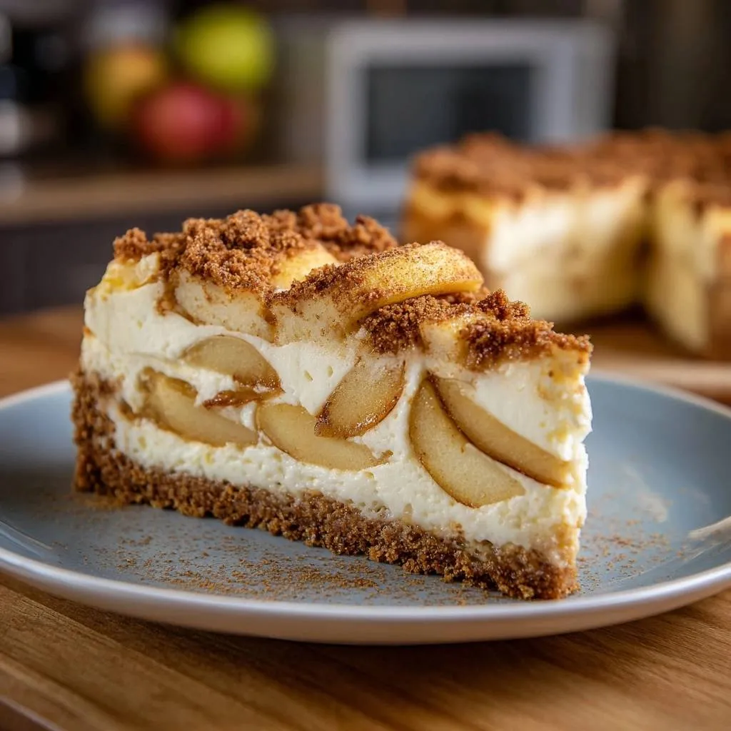 Streusel pear cheesecake slice cross-section showing layers of creamy filling, spiced apples, and a graham cracker crust.