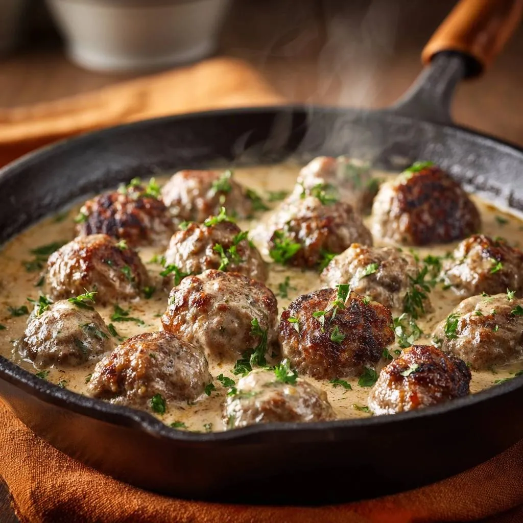 Swedish meatballs in creamy sauce steaming in a cast iron skillet, garnished with fresh parsley.