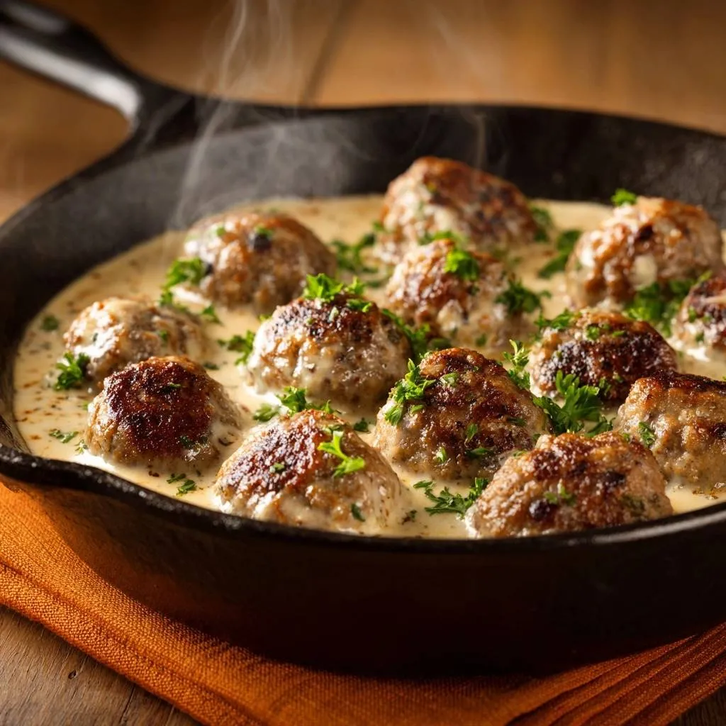 Swedish meatballs in creamy sauce steaming in a cast iron skillet, garnished with fresh parsley.