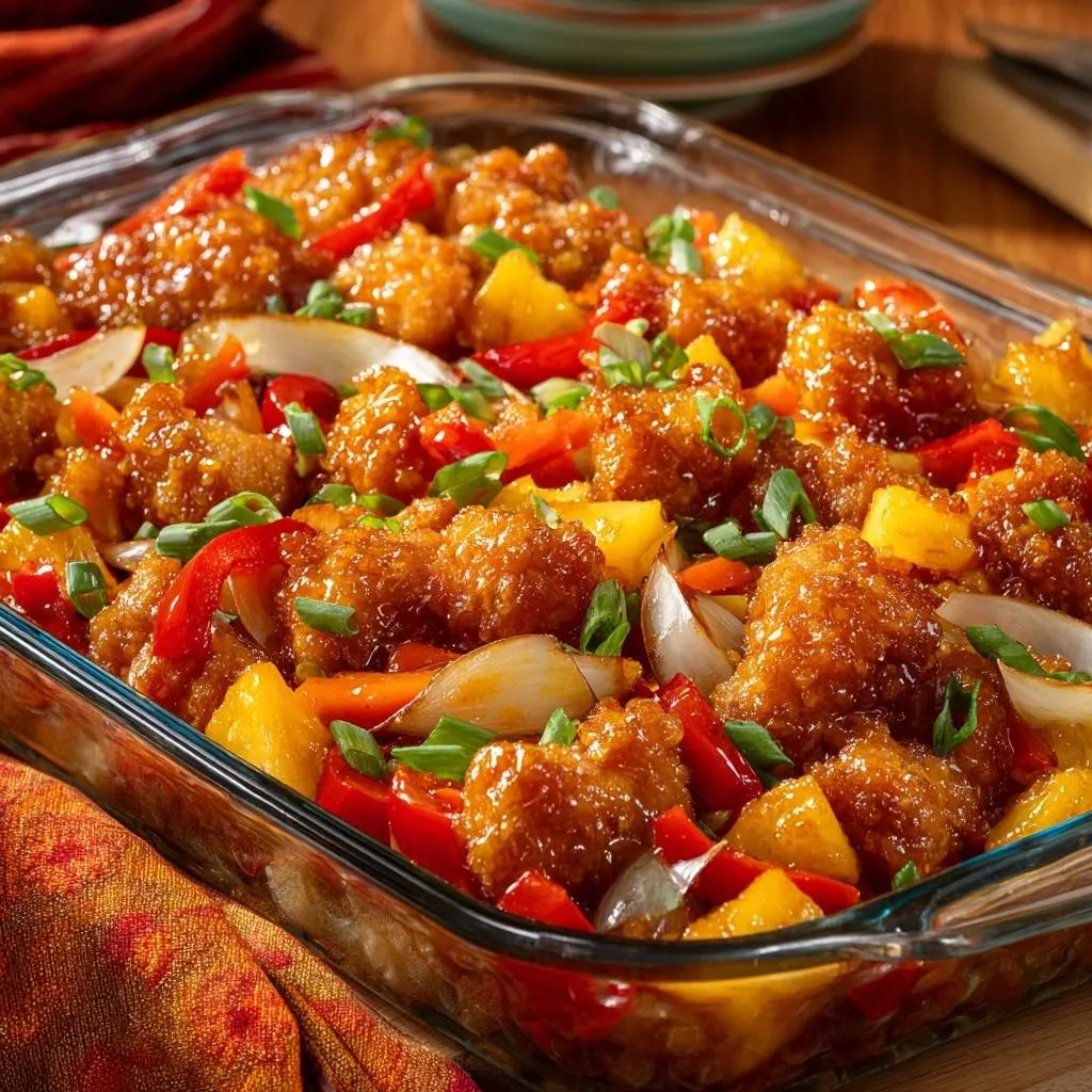 Sweet and sour pineapple chicken with crispy batter served in a glass baking dish with peppers and onions.