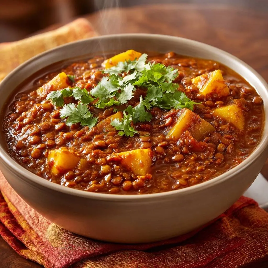 Sweet potato lentil stew with thick, velvety texture, topped with fresh cilantro and visible chunks of sweet potato.