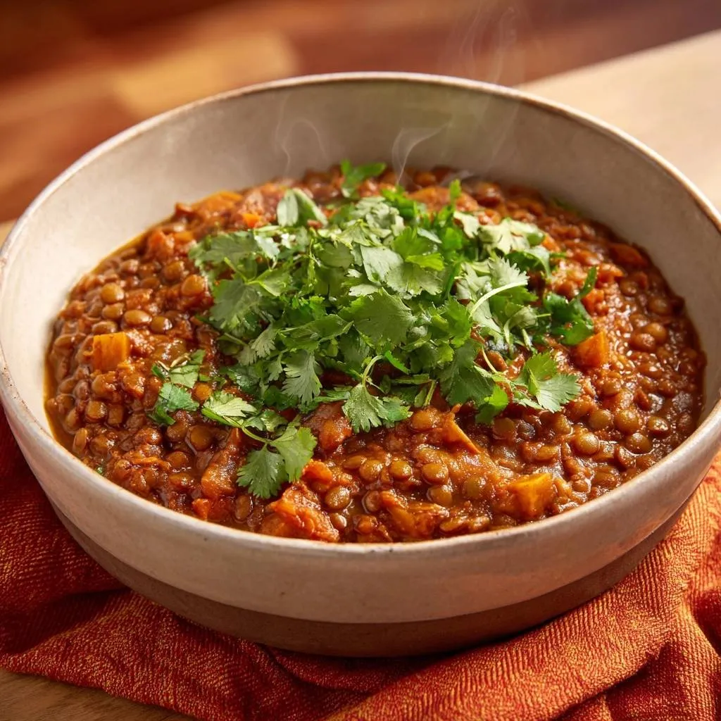 Sweet potato lentil stew with thick, velvety texture, steaming in a rustic bowl and topped with fresh cilantro.