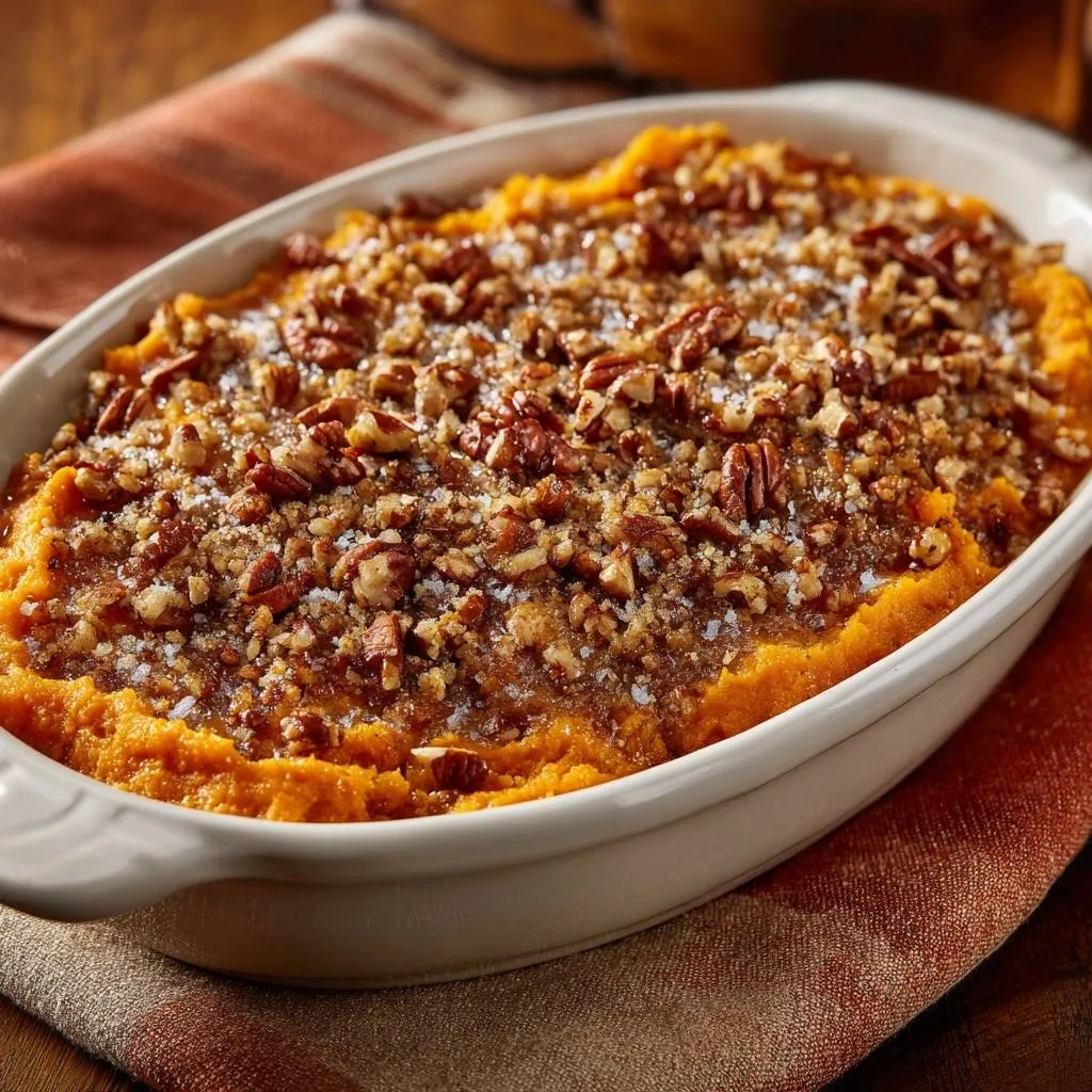 Sweet potato pecan casserole with a crunchy streusel topping, showcasing the texture of the nuts and salt.