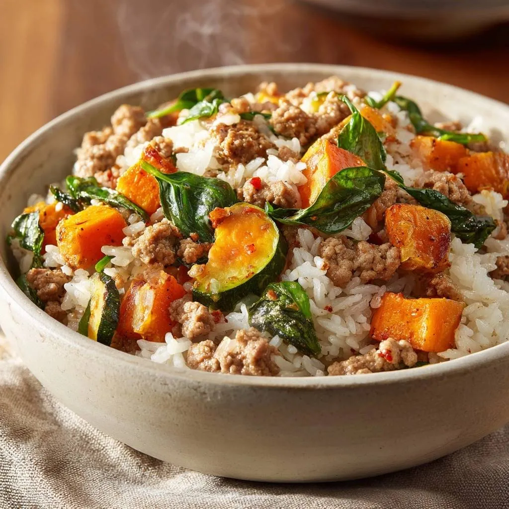 Sweet potato ground turkey rice bowl with steam rising, showcasing a healthy and hearty meal.