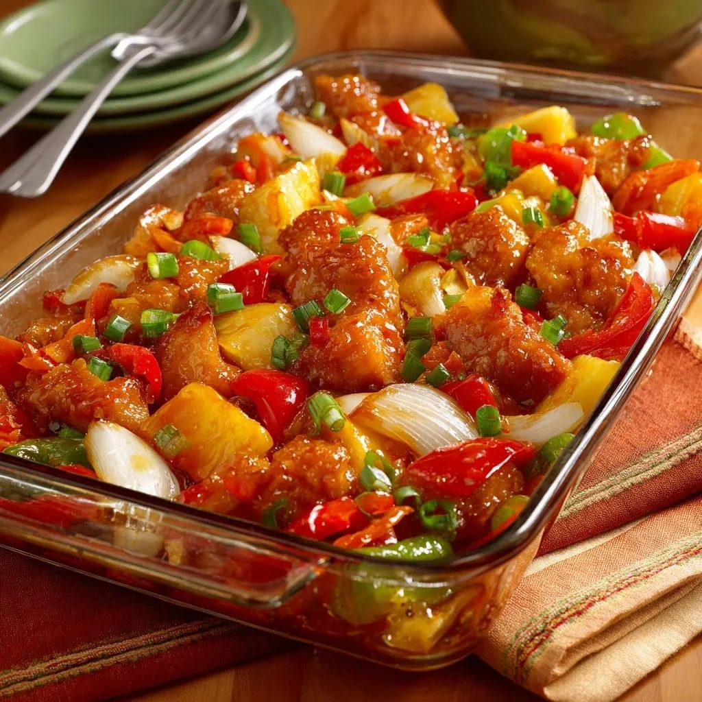 Sweet and sour pineapple chicken with crispy batter served in a glass casserole dish with peppers and onions.