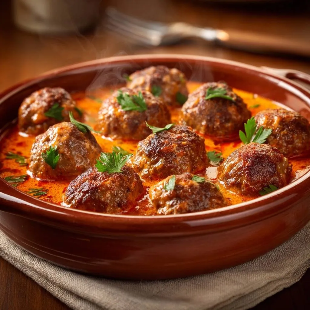 Tender beef meatballs in smoky tomato sauce, served in a rustic brown dish with fresh parsley garnish.