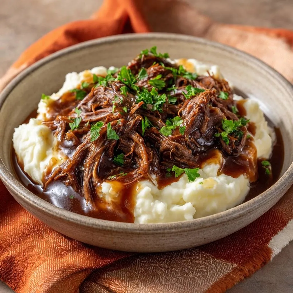 Tender shredded beef over creamy mashed potatoes, generously garnished with fresh parsley and rich gravy.