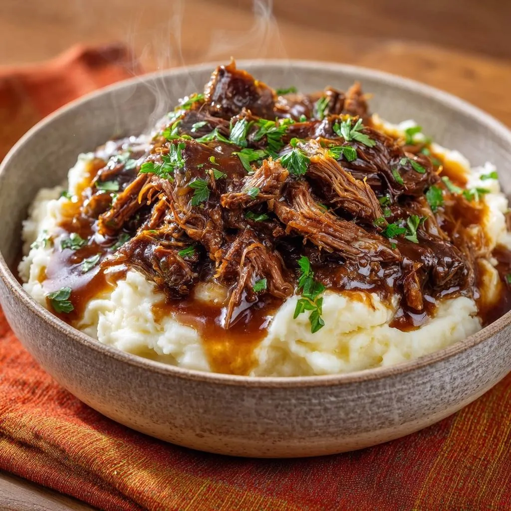 Tender shredded beef over creamy mashed potatoes, with steam rising and garnished with fresh parsley.