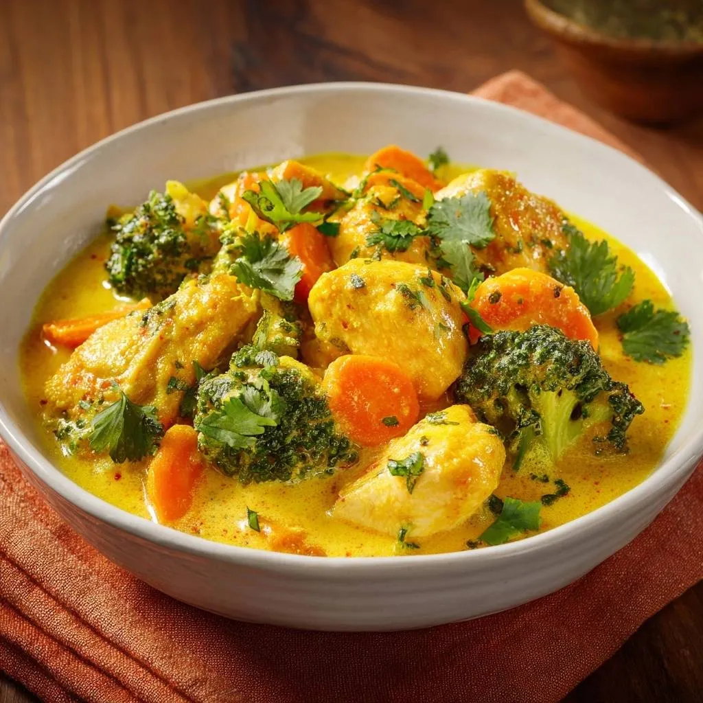 Thai yellow chicken curry featuring chicken pieces, broccoli florets, and carrot slices in a rich yellow sauce, served in a white bowl.