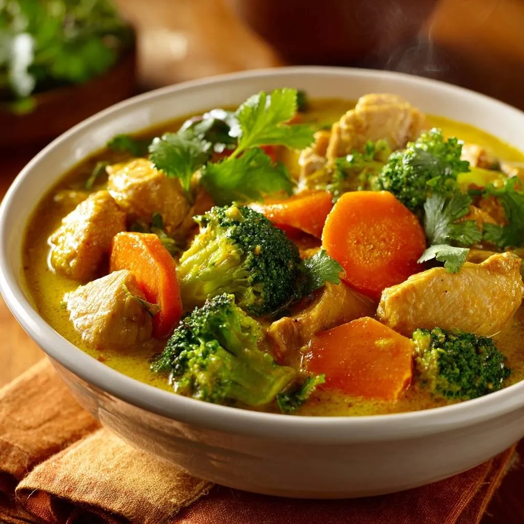 Thai yellow chicken curry close-up in a white bowl with chicken, broccoli, and carrots, showing steam rising.