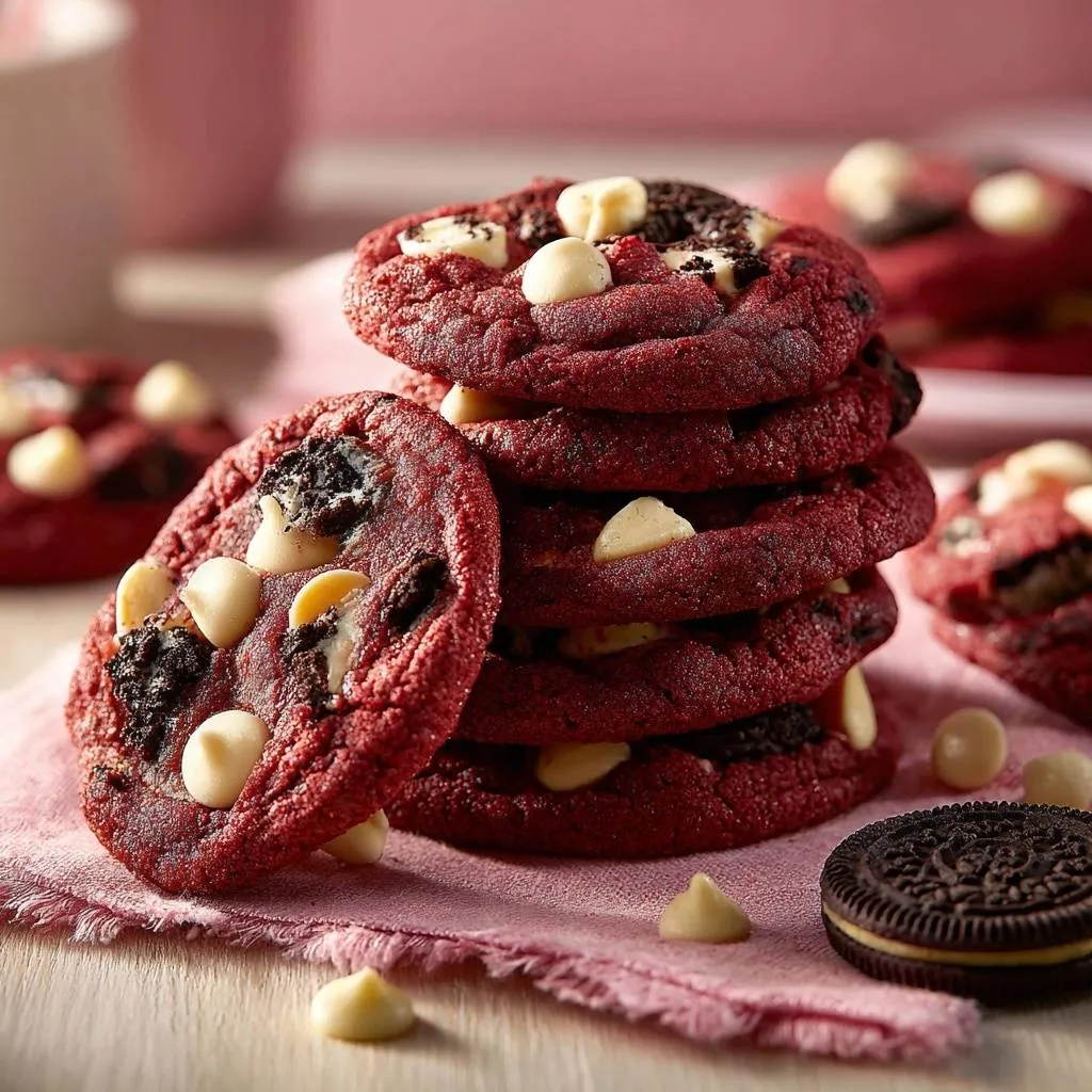 Thick Red Velvet Oreo Cookies recipe shown in a close-up stack with white chocolate chips and Oreo crumbles.