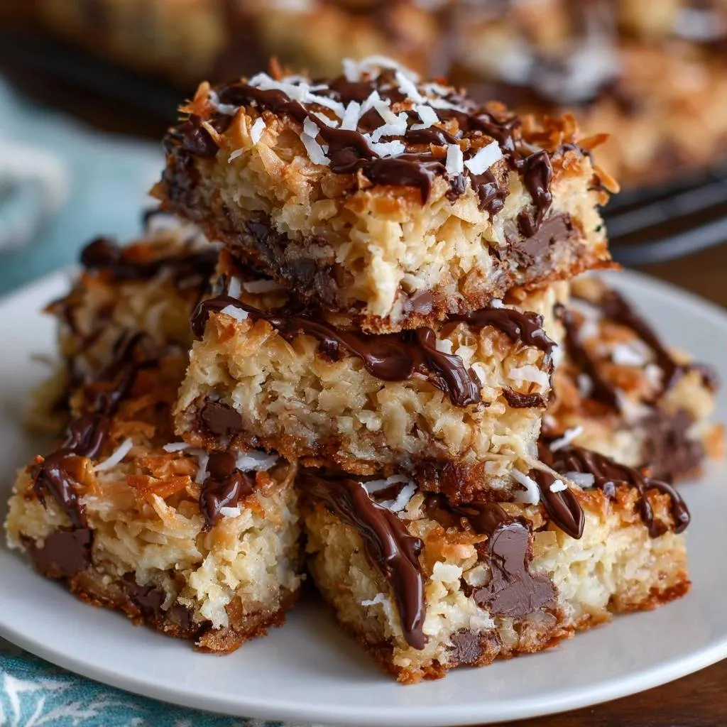 Toasted coconut chocolate bars stacked and drizzled with chocolate, showing a close-up view of the texture.