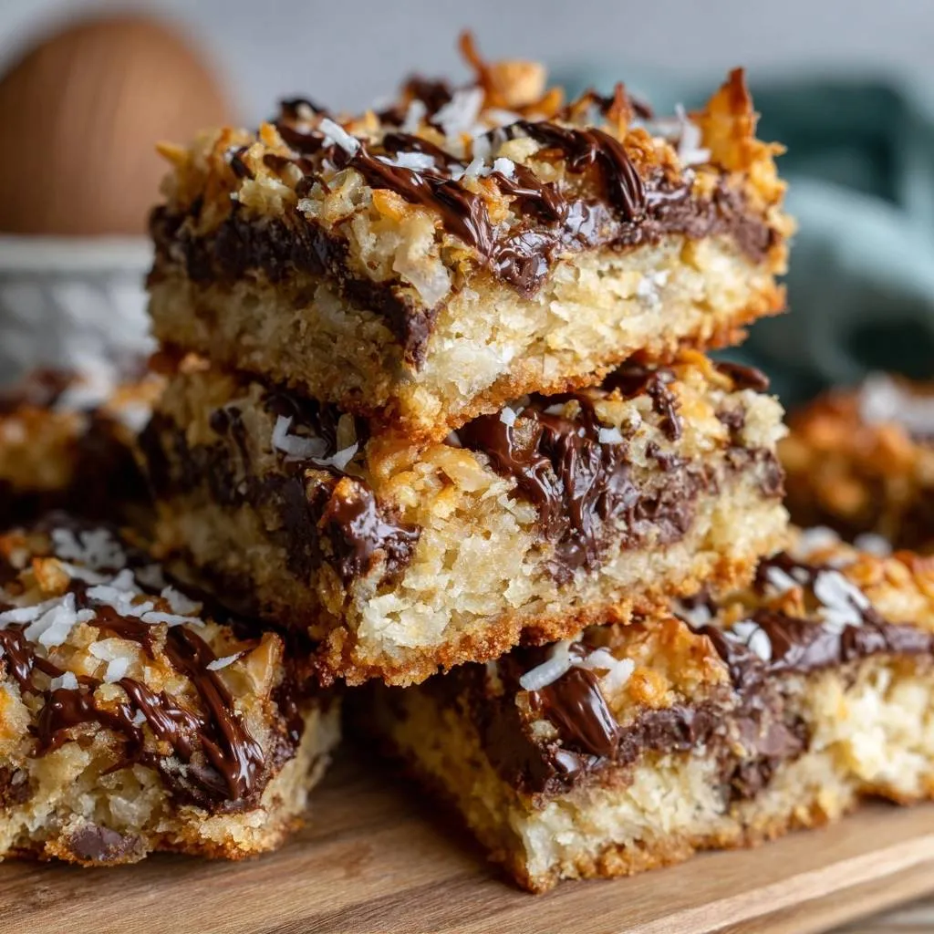 Toasted coconut chocolate bars stacked and cut to reveal a decadent chocolate layer and chewy coconut topping.
