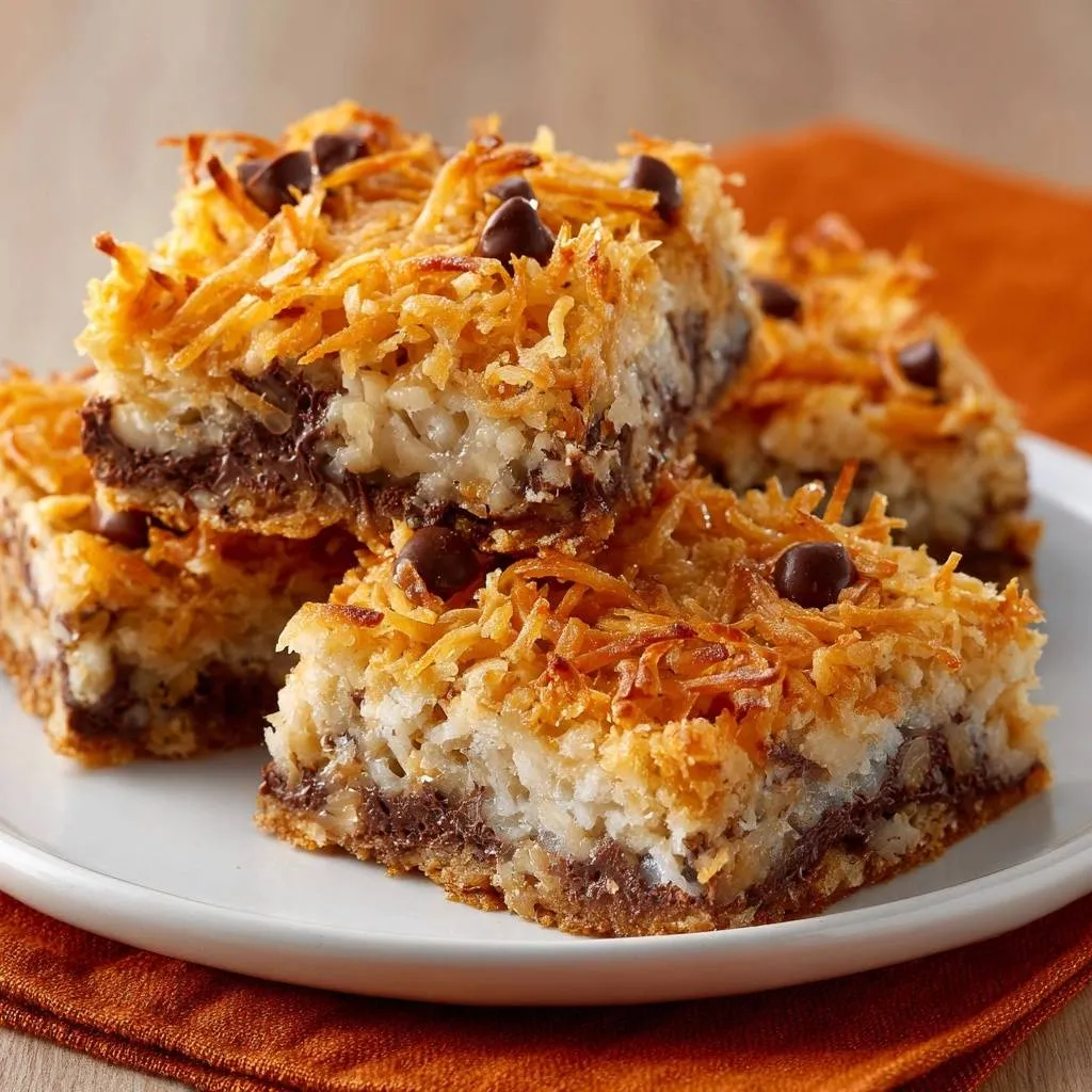 Toasted Coconut Chocolate Chip Magic Bars shown in a close-up stack, revealing layers of coconut, chocolate chips, and a golden crust.