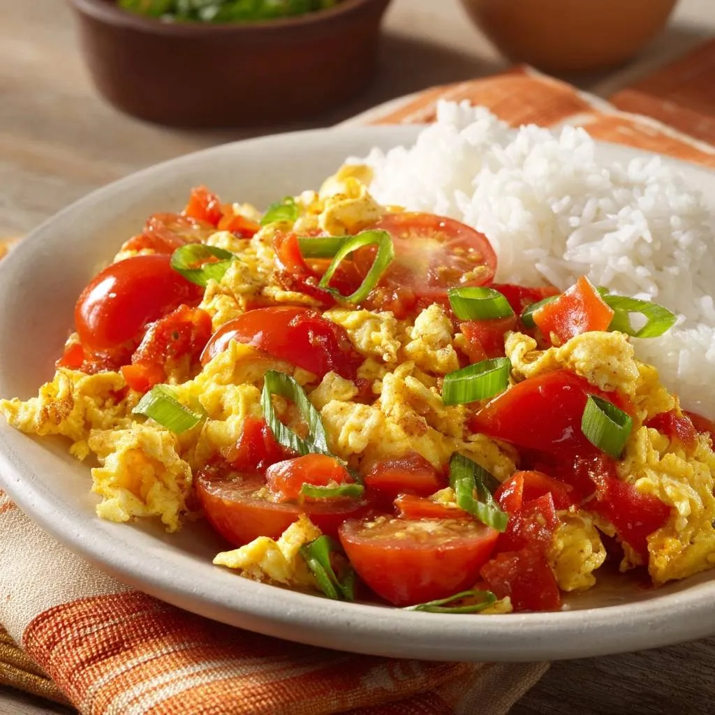 Tomato scrambled eggs with rice, served as a single portion on a plate with fresh green onions.