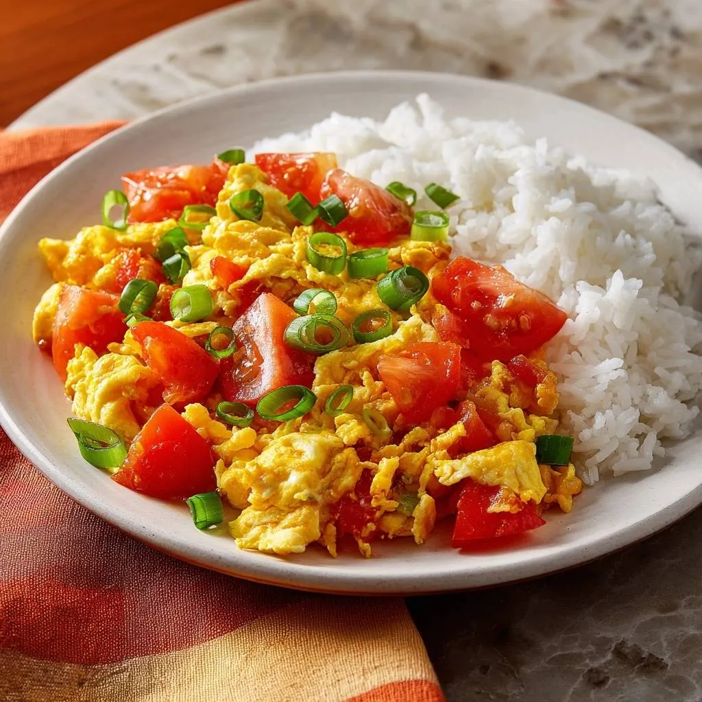 Tomato scrambled eggs with rice plated closeup on a white dish, garnished with chopped green onions.