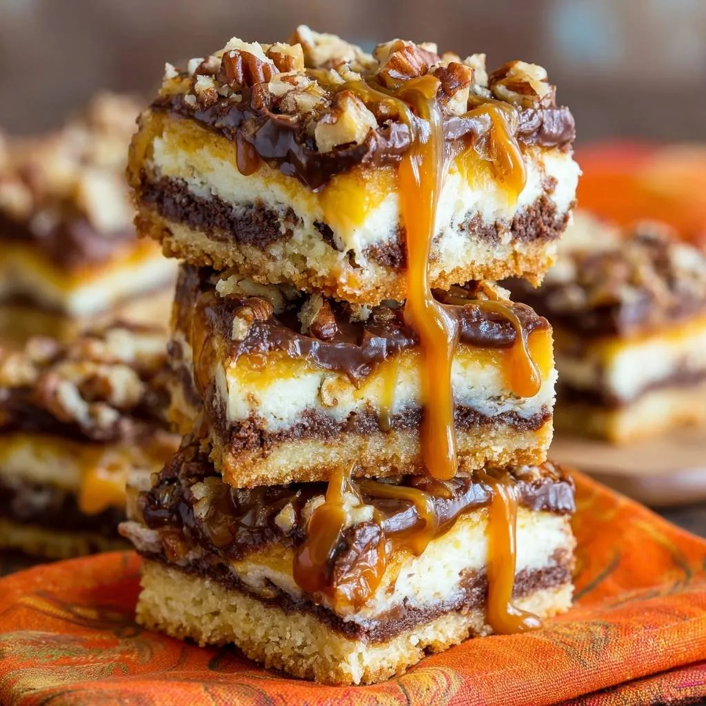Turtle cheesecake bars with crisp crust shown stacked and cut to reveal the rich layers and gooey caramel.