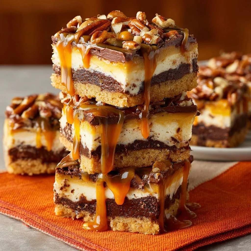 Turtle cheesecake bars with crisp crust, stacked and drizzled with caramel and pecans.