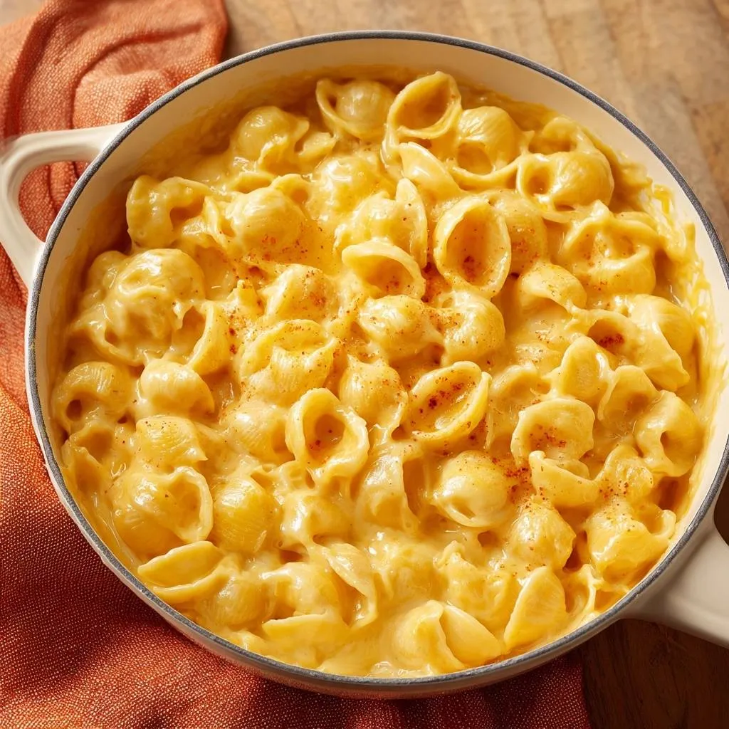 Ultra creamy stovetop mac and cheese shown in a white pot from an overhead perspective, sprinkled with paprika.