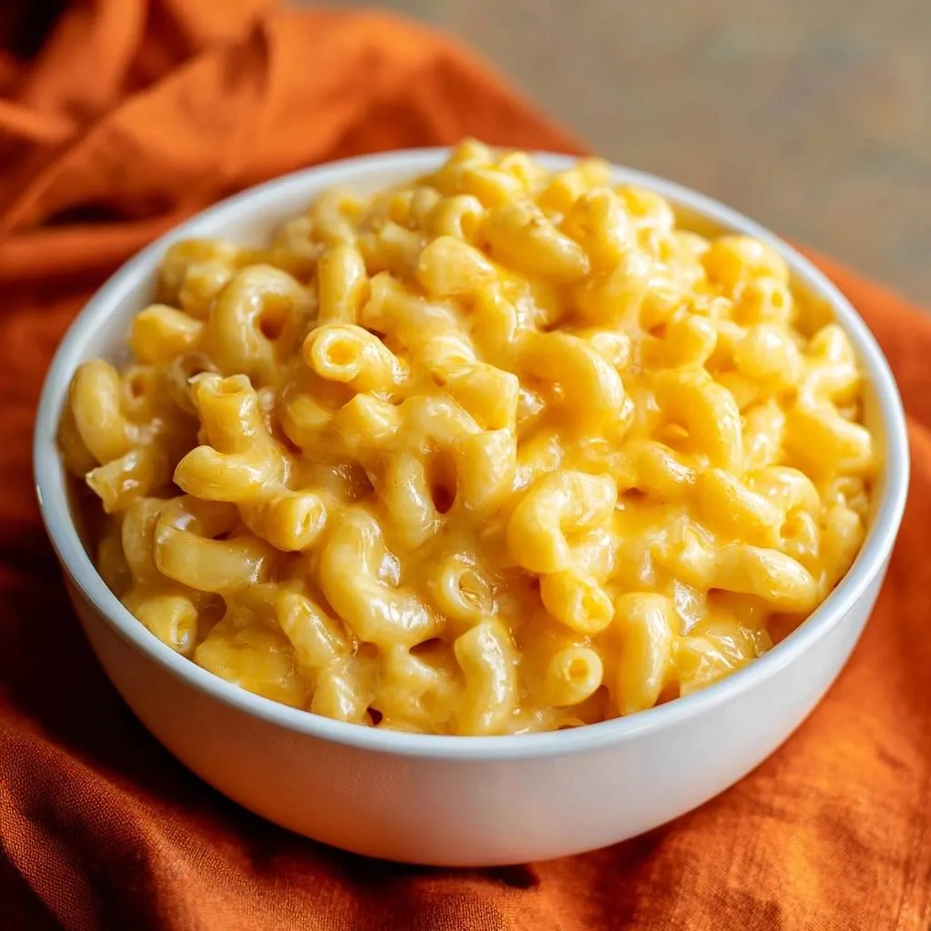 Ultra creamy stovetop mac and cheese shown in a white bowl with a close-up view of the cheesy pasta texture.