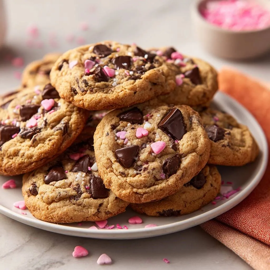 Valentine's Chocolate Chunk Sprinkle Cookies piled high on a white plate, showcasing their chocolate chunks and pink heart sprinkles.