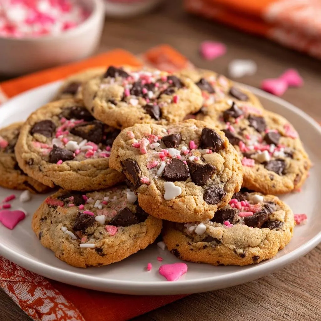 Valentine's Chocolate Chunk Sprinkle Cookies plated close-up with pink and white sprinkles and chocolate chunks.