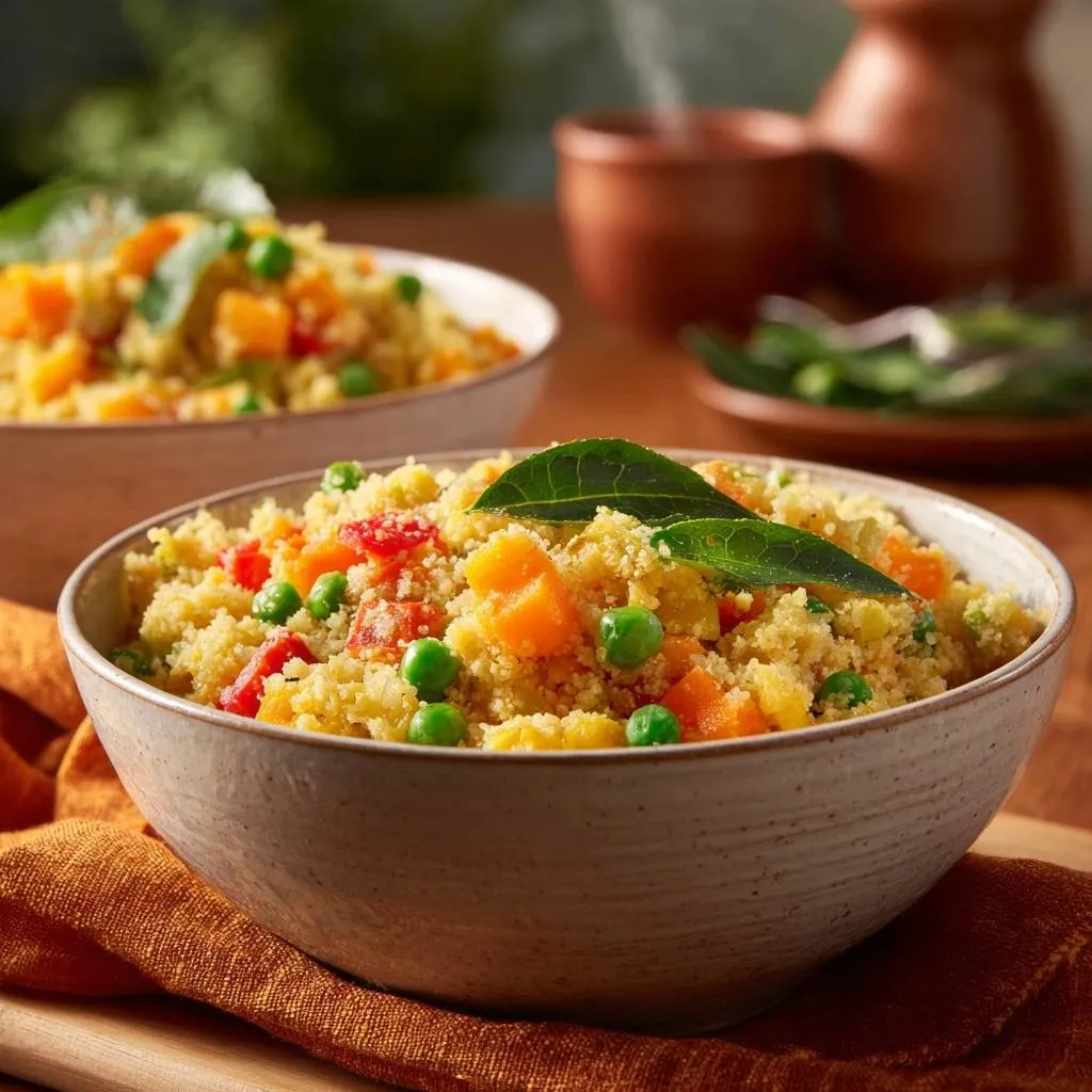 Vibrant vegetable couscous with fluffy grains served in two bowls, with a close-up view of the front serving.