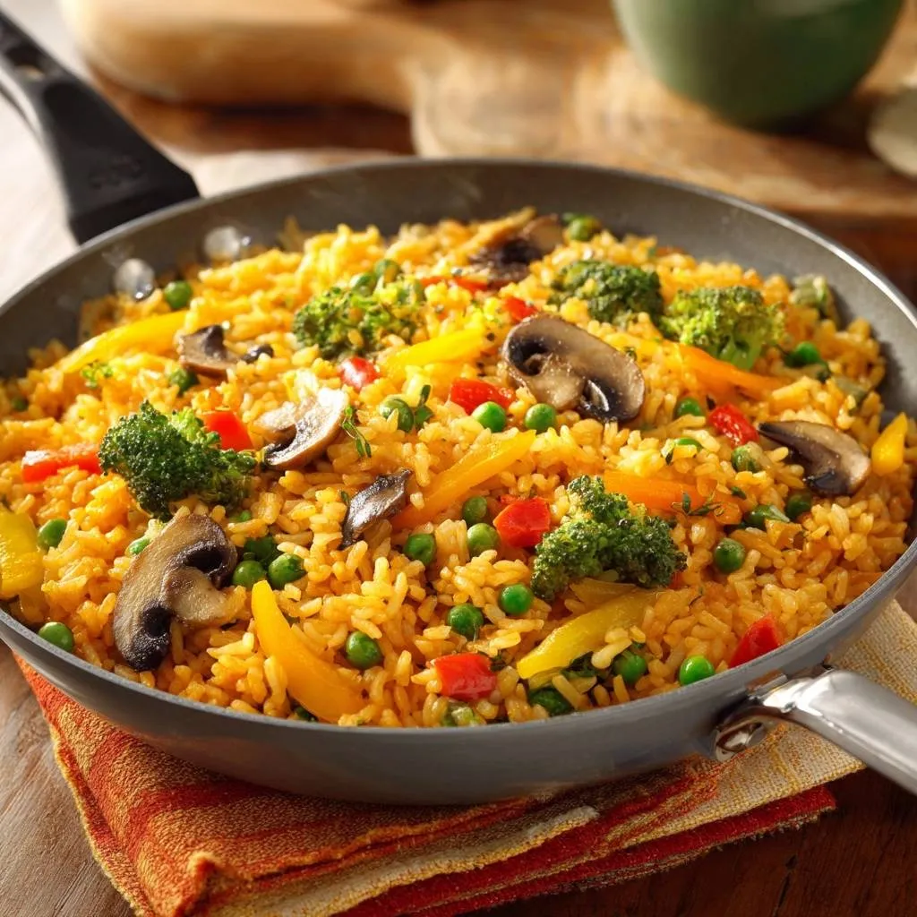 Vibrant veggie fried rice shown in a skillet with broccoli, mushrooms, and peppers.