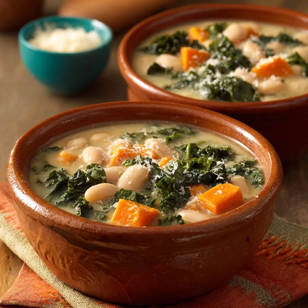 White Bean Sweet Potato Kale Soup served in two rustic bowls, showcasing tender kale and cubed sweet potatoes.