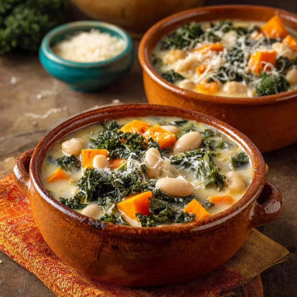 White bean sweet potato kale soup served in two rustic bowls, with a close-up view of one bowl's hearty contents.