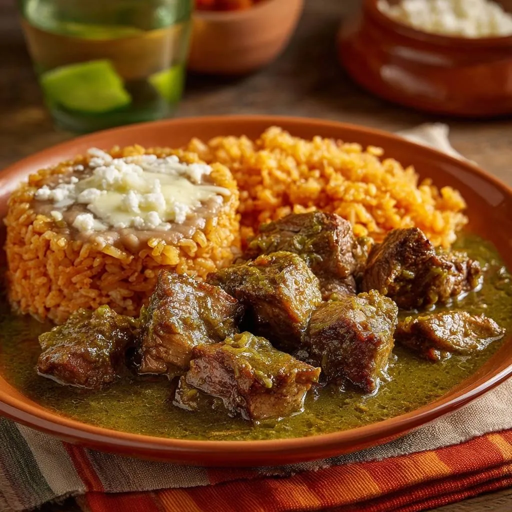 Yellow chicken curry featuring juicy chicken thighs bathed in a creamy, vibrant green sauce, served with rice.