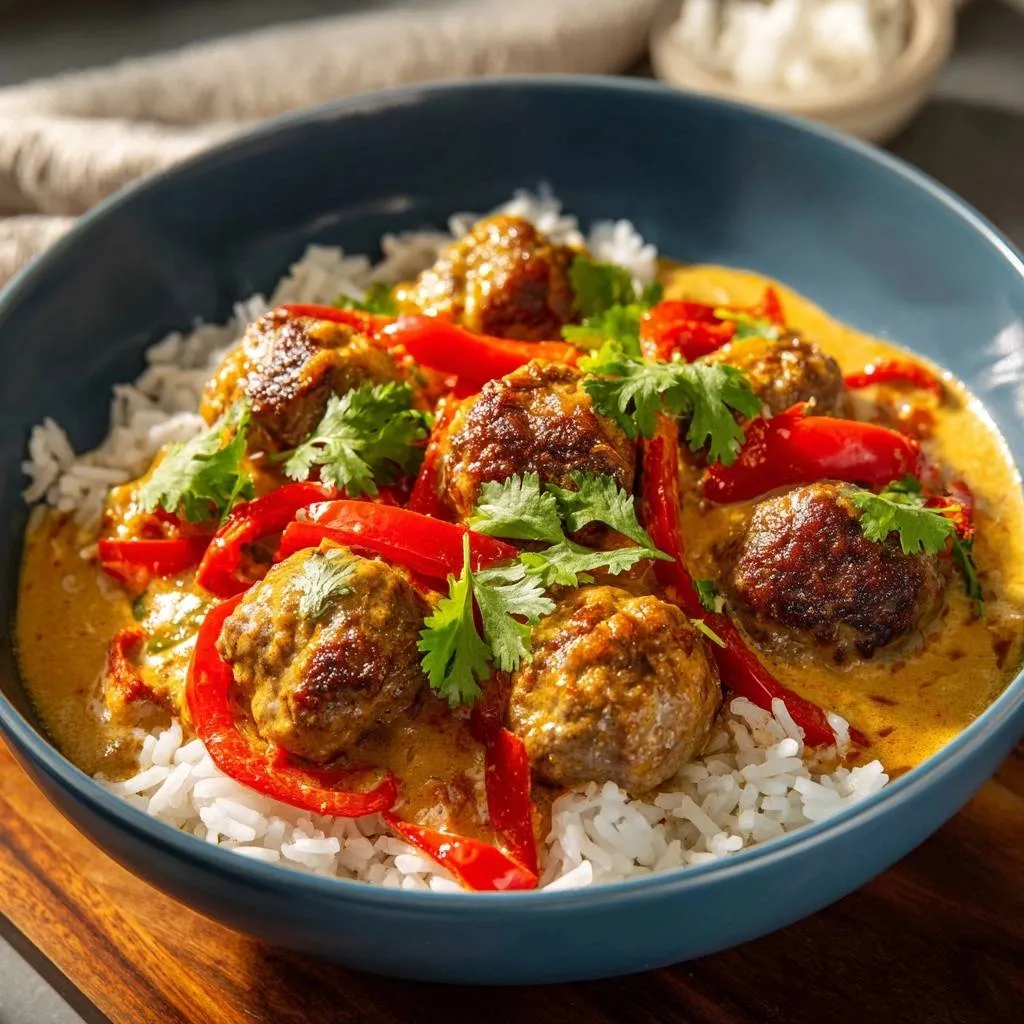 Yellow curry meatballs with peppers and rice served in a blue bowl, a close-up view of the flavorful dish.