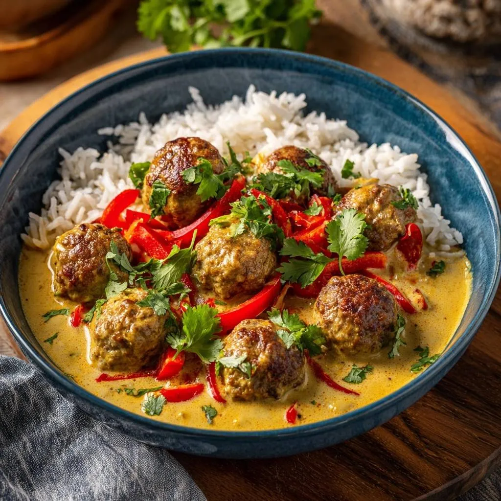 Yellow curry meatballs with peppers and rice served in a blue bowl, viewed from an overhead angle.