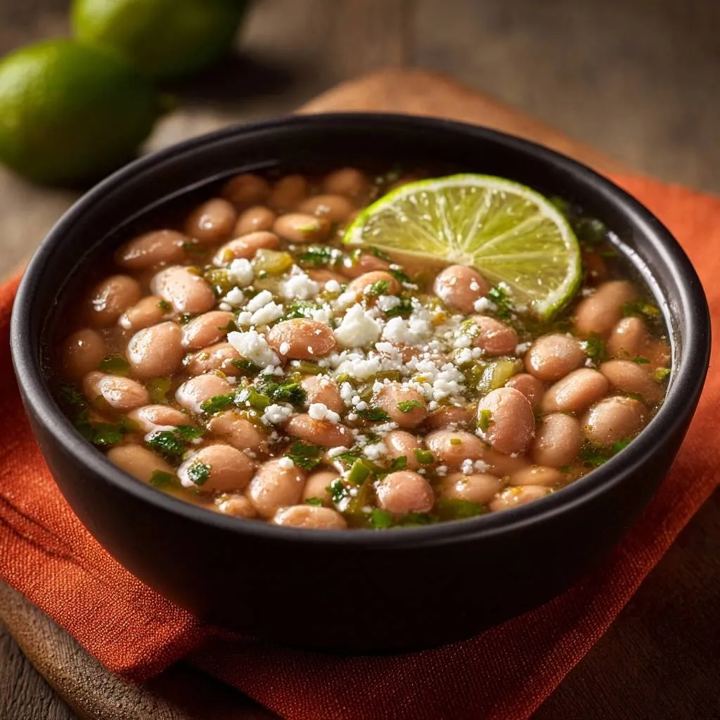 Zesty pinto bean soup with crumbled cheese and lime garnish in a black bowl, a close-up detail shot.