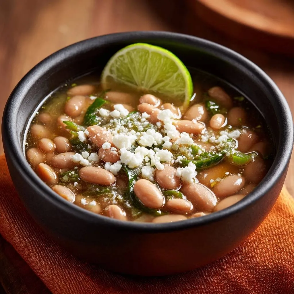 Zesty pinto bean soup with a lime wedge and crumbled queso fresco topping in a black bowl.