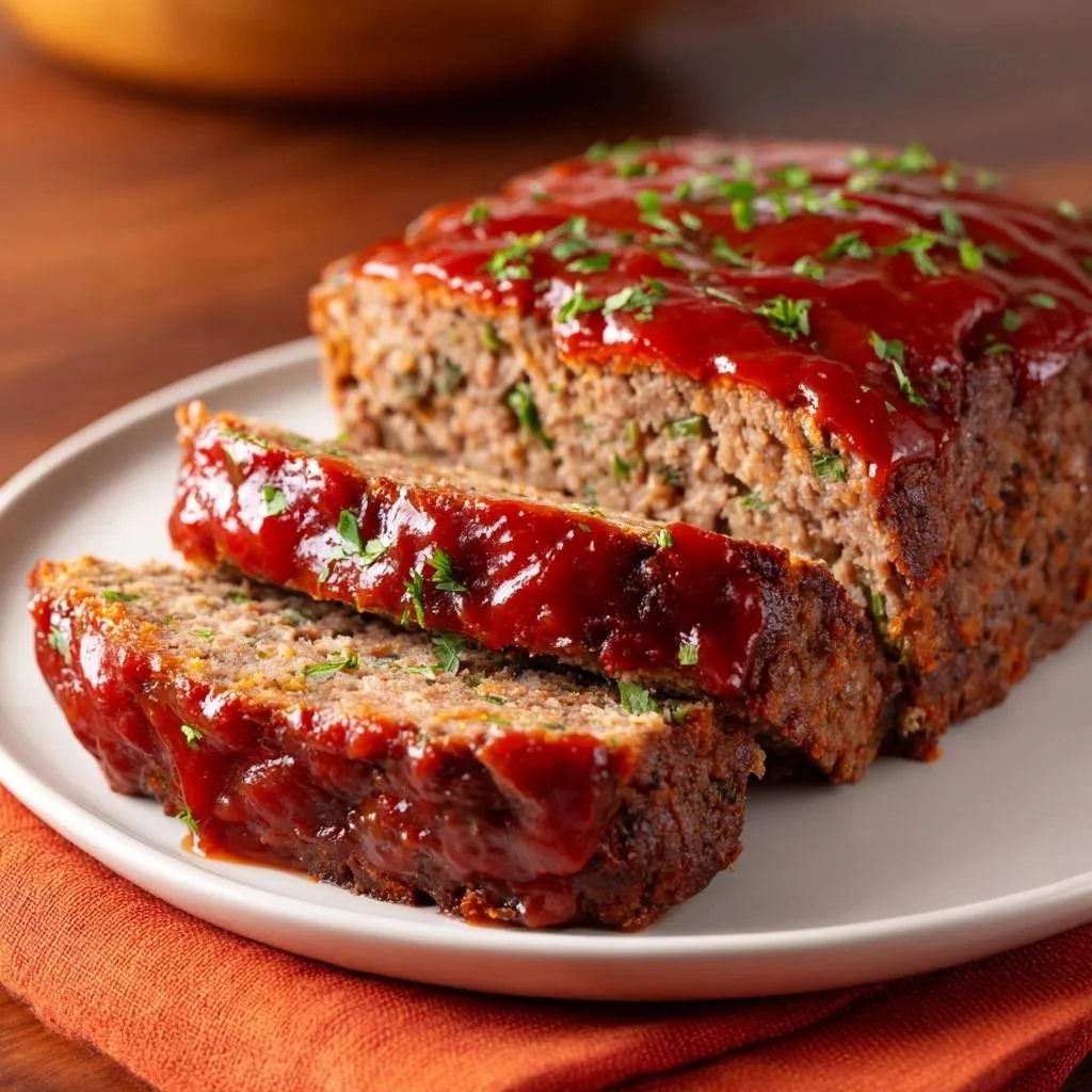 Zucchini beef meatloaf with a glossy glaze and fresh parsley, showcasing two juicy slices.