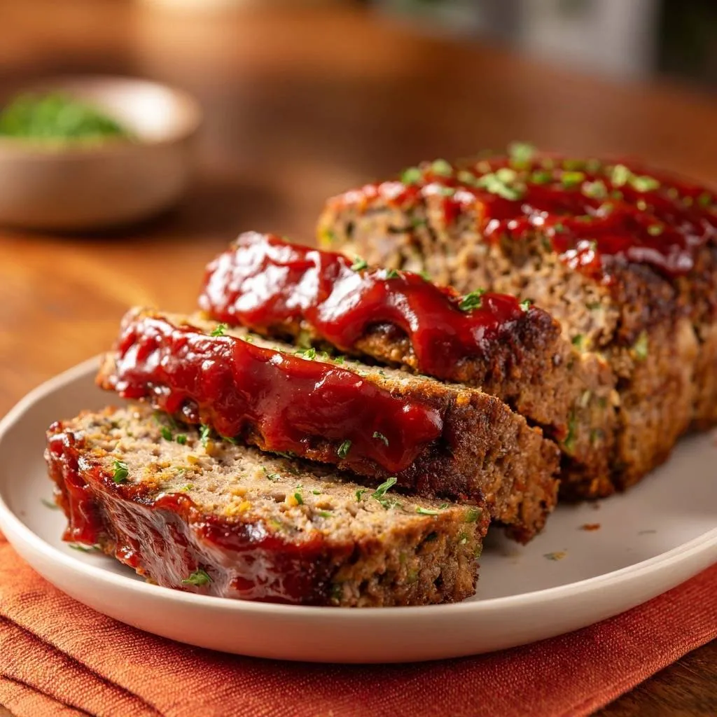 Zucchini beef meatloaf with juicy slices drizzled in glaze and garnished with parsley.