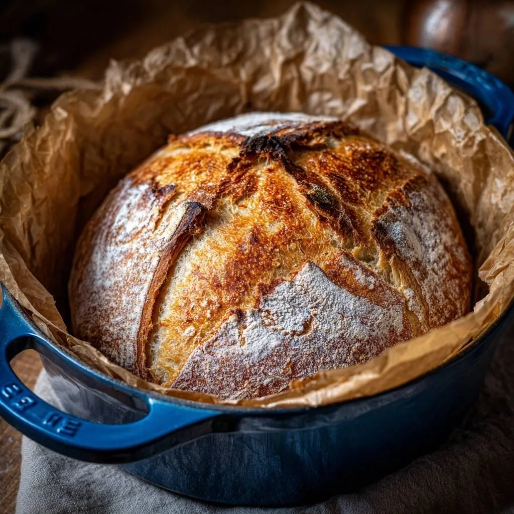 4-ingredient no-knead artisan bread baked in a blue Dutch oven, lined with parchment paper.