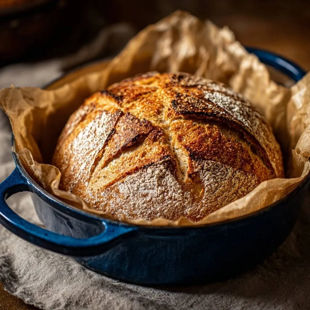 4-ingredient no-knead artisan bread baked golden brown in a blue Dutch oven with parchment paper.