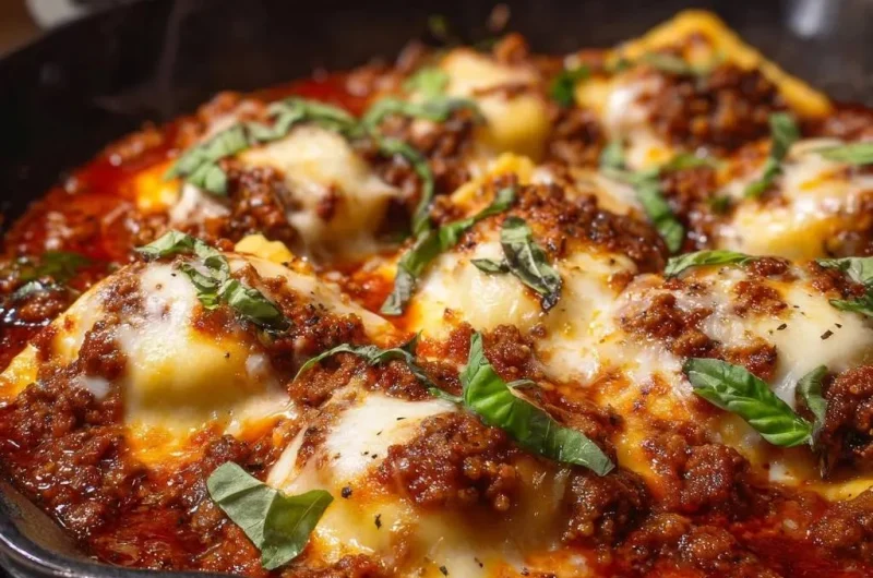 Cheesy Skillet Ravioli with Meaty Ragu