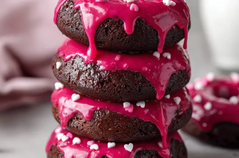 Chocolate Baked Donuts with Pink Glaze