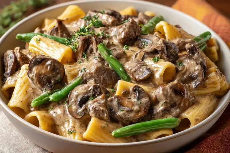 Creamy Beef Mushroom Rigatoni with Green Beans