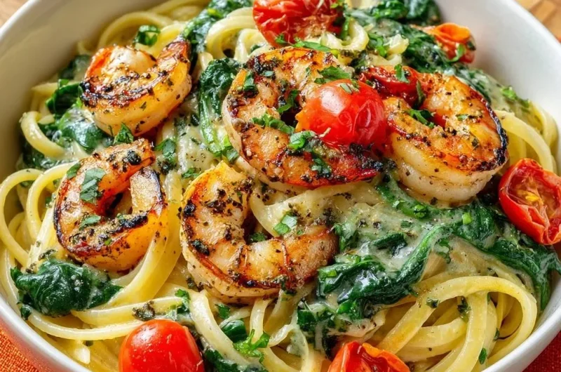 Creamy Garlic Shrimp Pasta with Spinach and Roasted Tomatoes