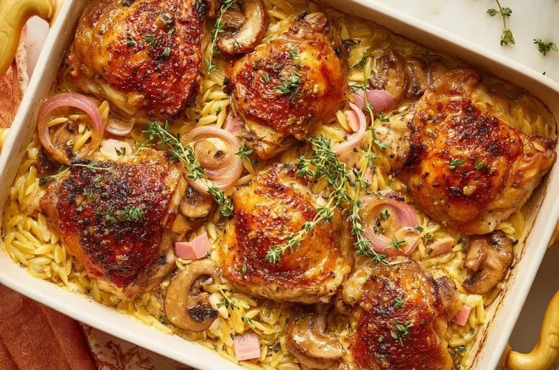 Crispy Chicken Thigh Orzo Bake
