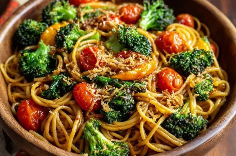 Crispy Garlic Broccoli Tomato Pasta