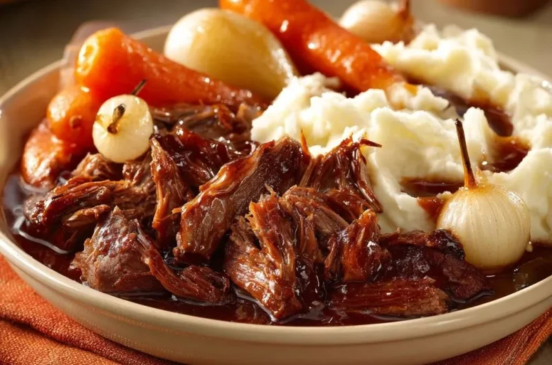 Fall-Apart Beef with Carrots & Pearl Onions over Mashed Potatoes