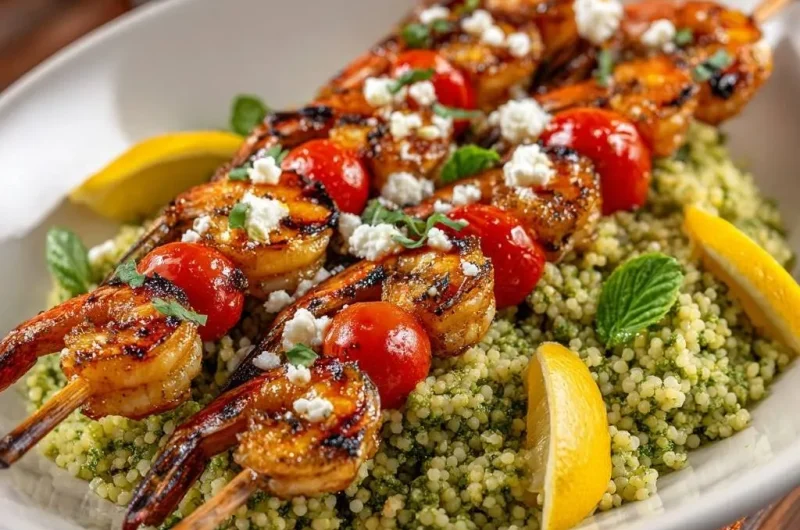 Grilled Shrimp Skewers with Feta Tomatoes and Pesto Couscous